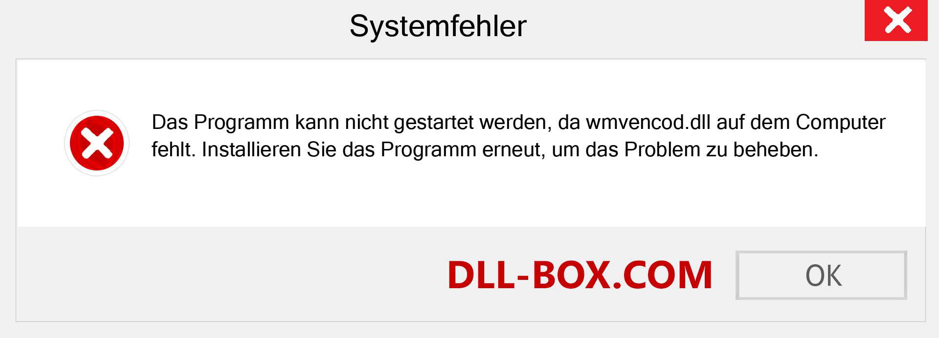 wmvencod.dll-Datei fehlt?. Download für Windows 7, 8, 10 - Fix wmvencod dll Missing Error unter Windows, Fotos, Bildern